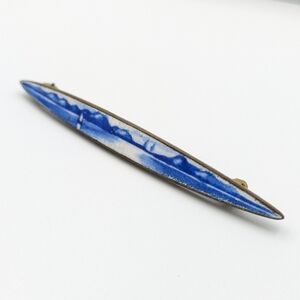 Antique brass enamel lake scene blue and white bar brooch pin